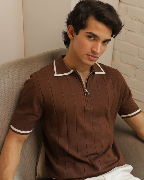 Masami | Coffee Textured Knit Polo Shirt