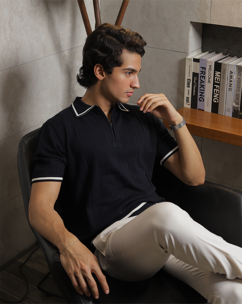 Reverie | Navy Textured Knit Polo Shirt