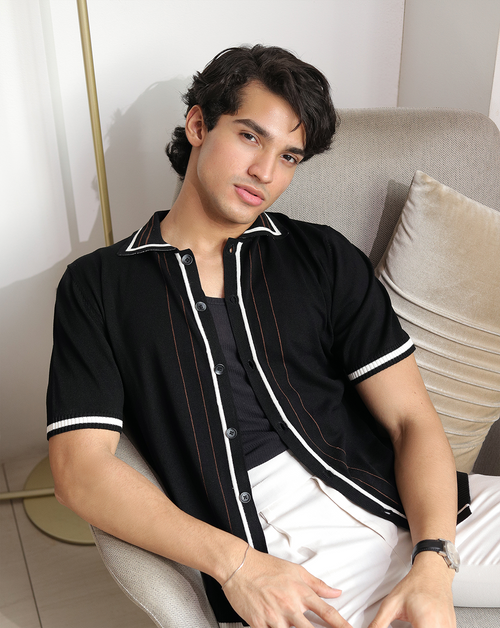 Arden | Black Textured Knit Polo Shirt