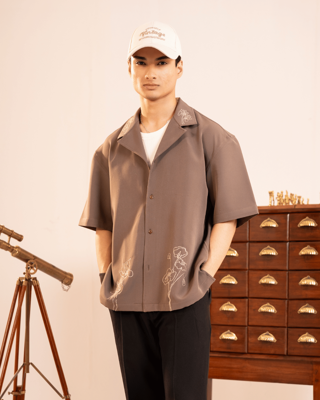 Callen | Taupe Embroidered Half-Sleeve Shirt