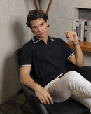 Reverie | Navy Textured Knit Polo Shirt