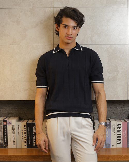 Reverie | Navy Textured Knit Polo Shirt