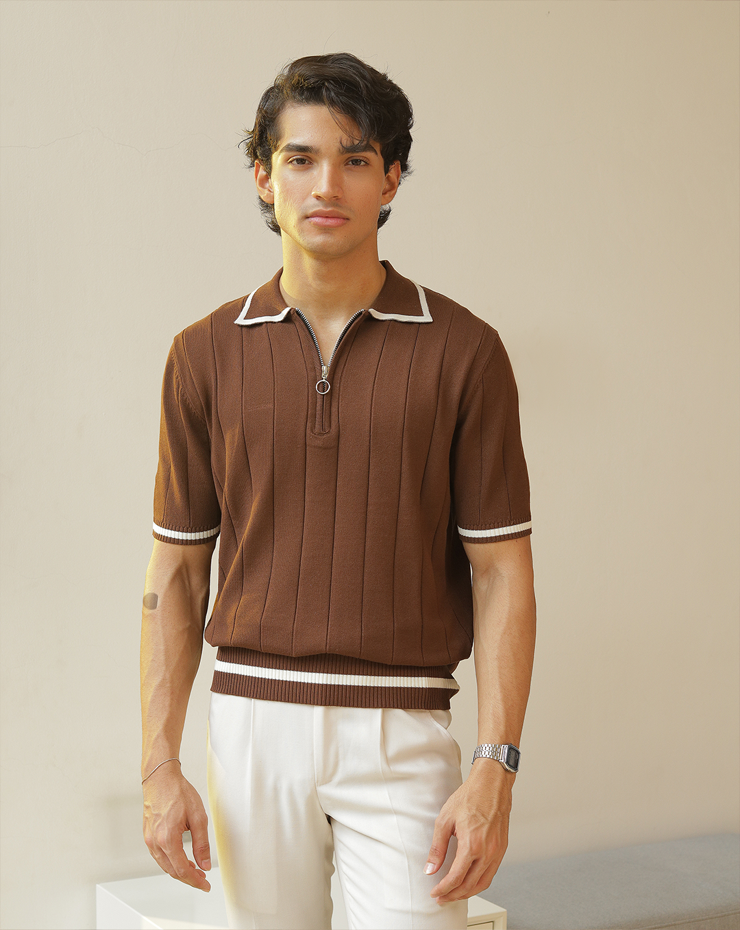 Masami | Coffee Textured Knit Polo Shirt
