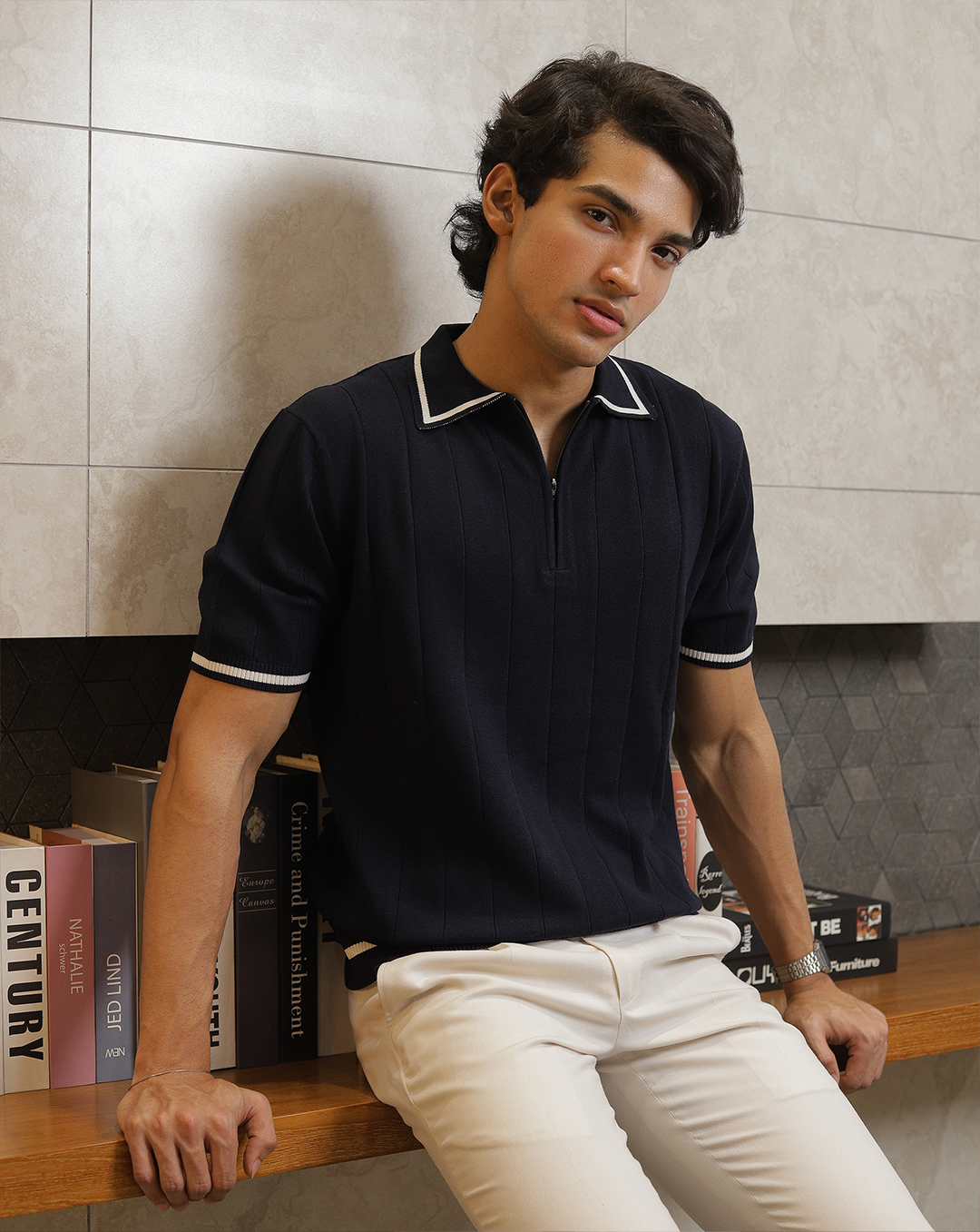 Reverie | Navy Textured Knit Polo Shirt