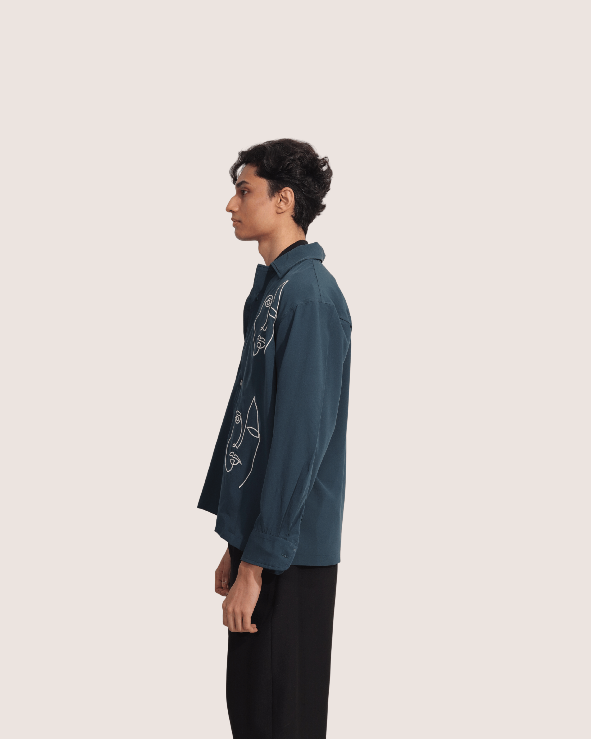 Percy | Embroidered Cuban Collar Teal Shirt