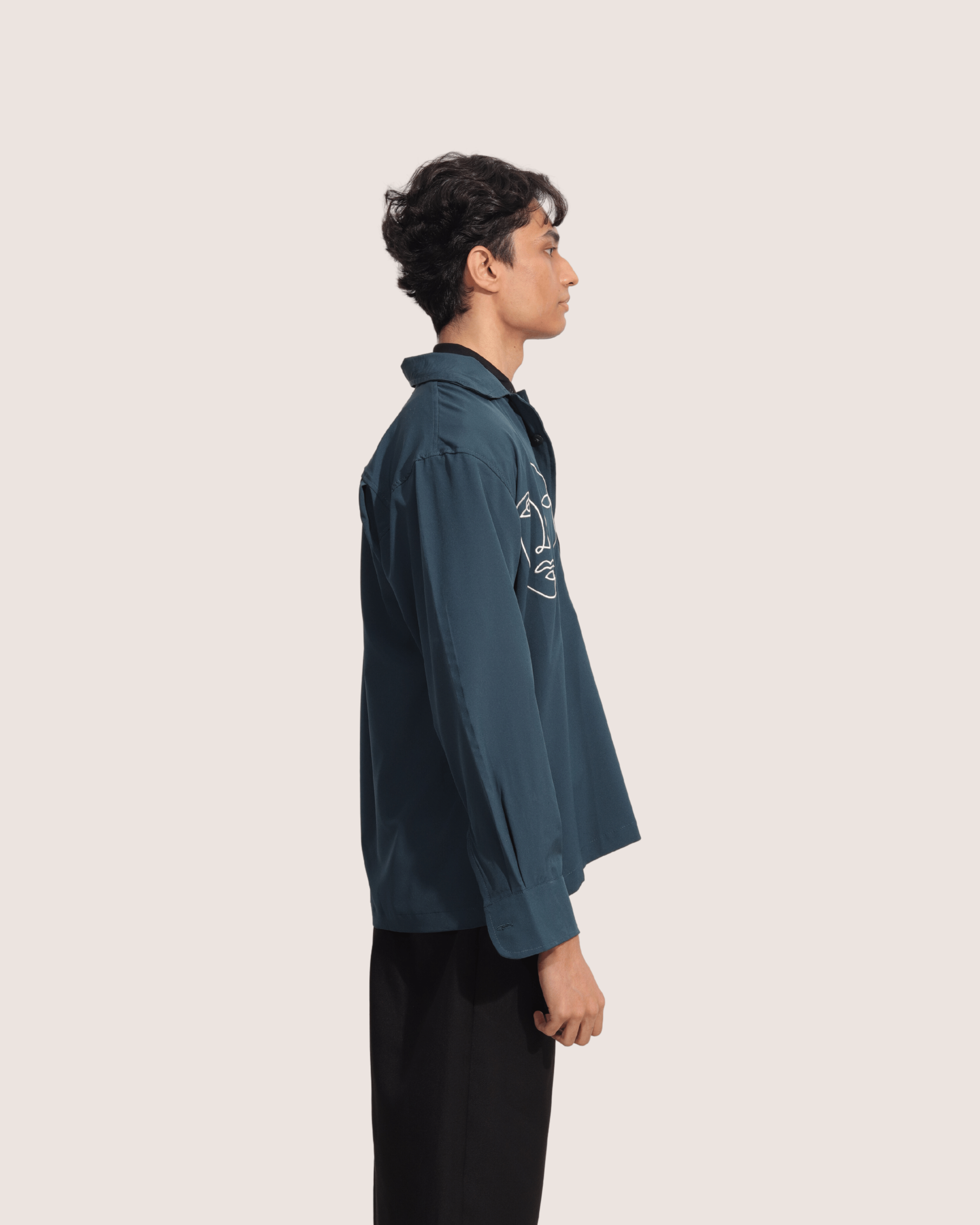 Percy | Embroidered Cuban Collar Teal Shirt