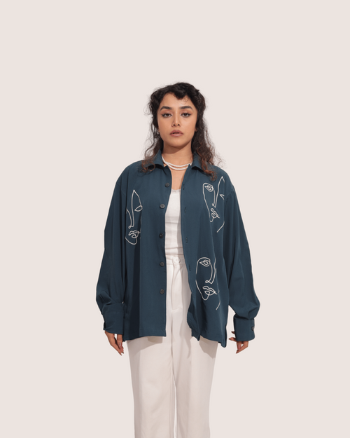 Percy | Embroidered Cuban Collar Teal Shirt