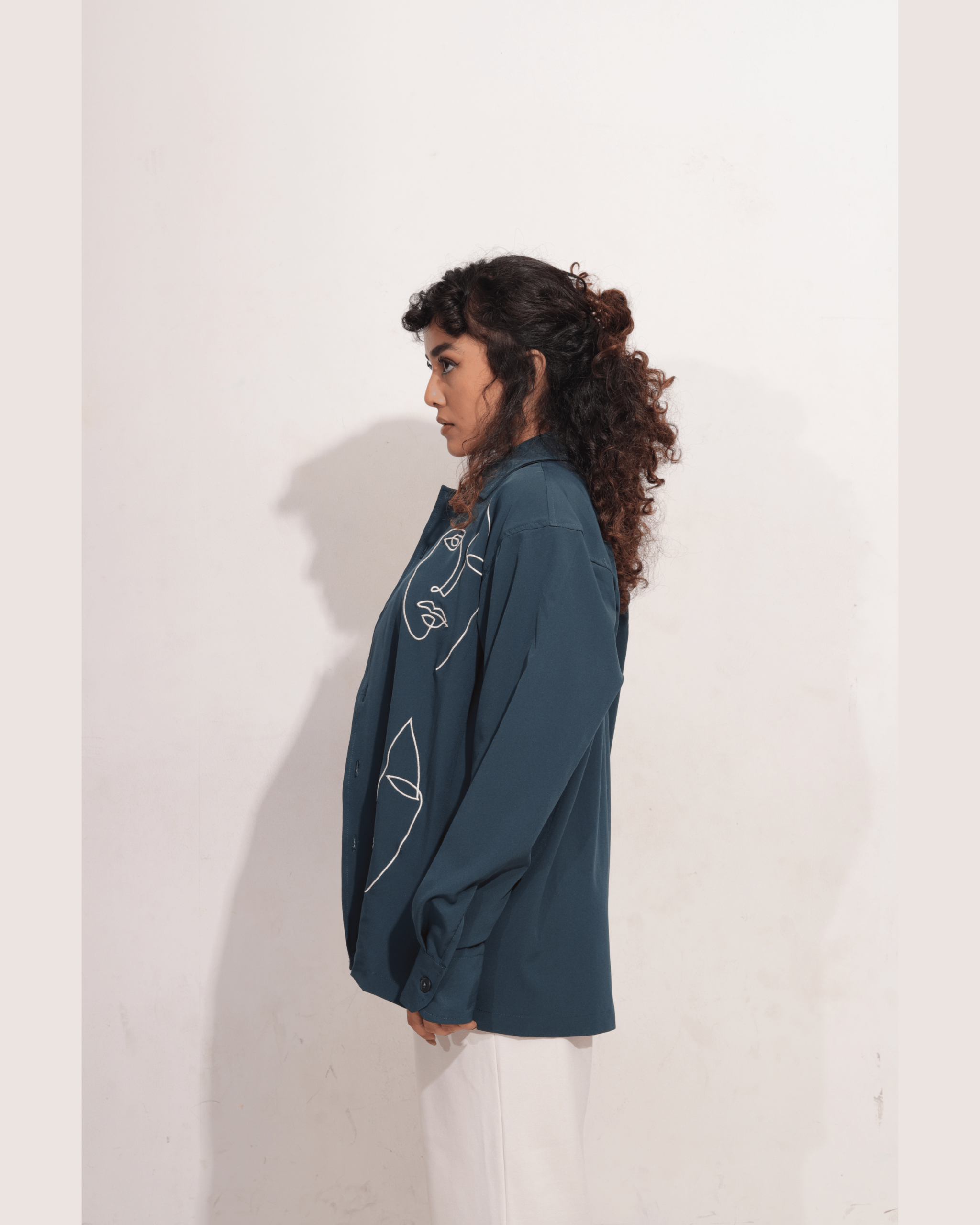 Percy | Embroidered Cuban Collar Teal Shirt