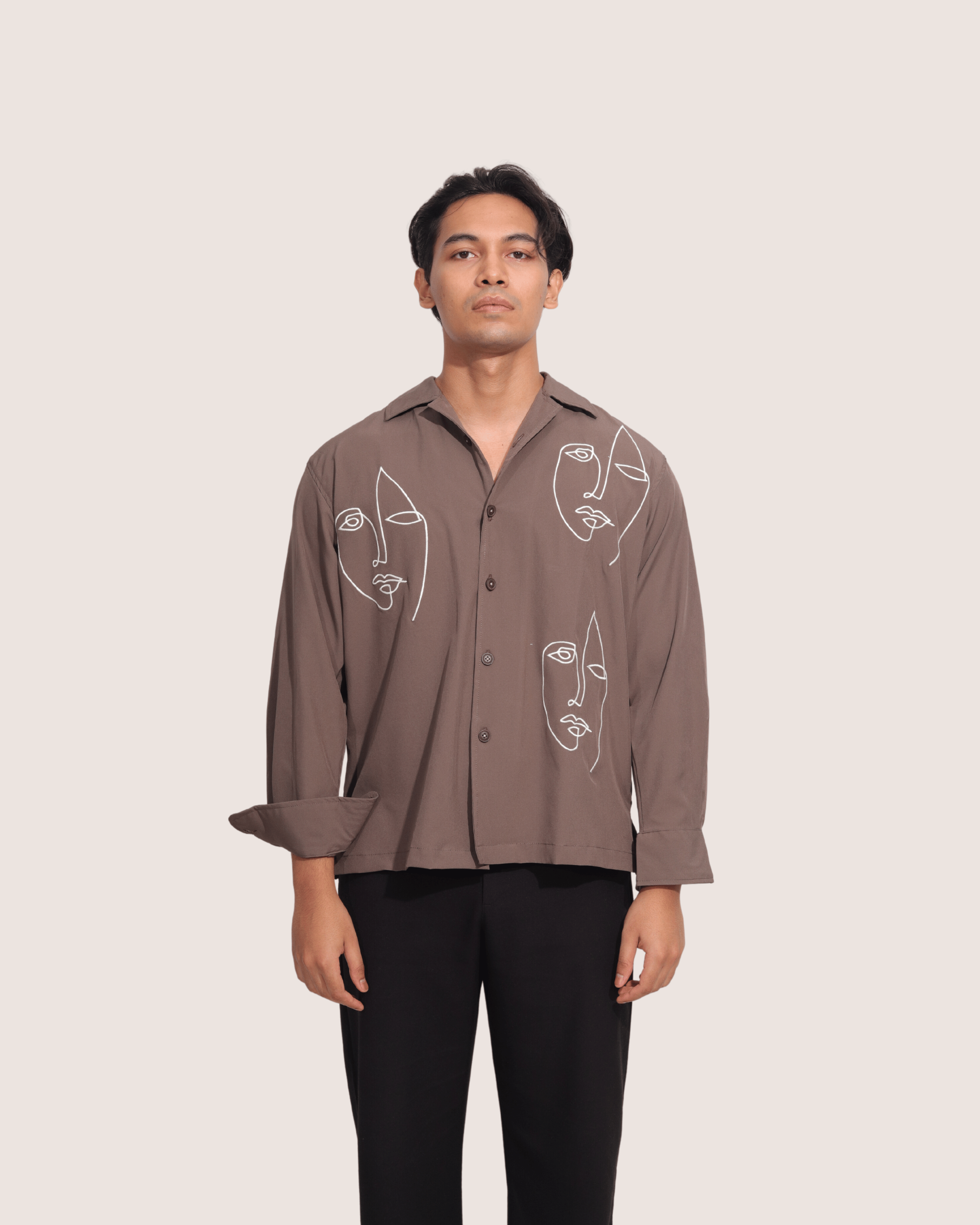 Raith | Embroidered Cuban Collar Brown Shirt