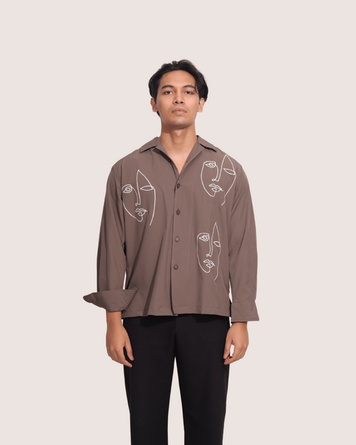 Raith | Embroidered Cuban Collar Brown Shirt