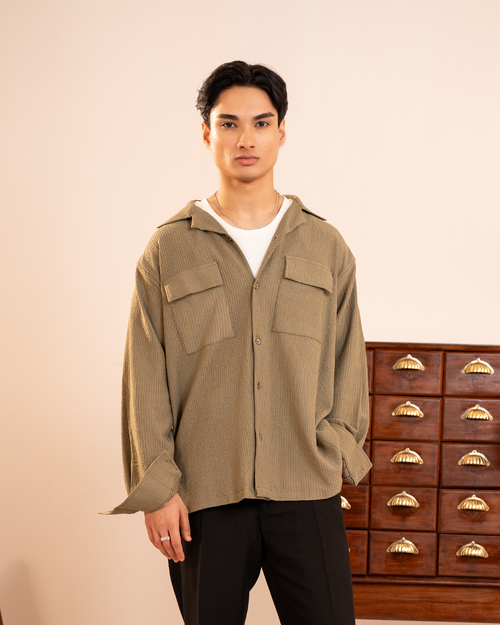 Merrin | Olive Textured Weave Full-Sleeve Shirt