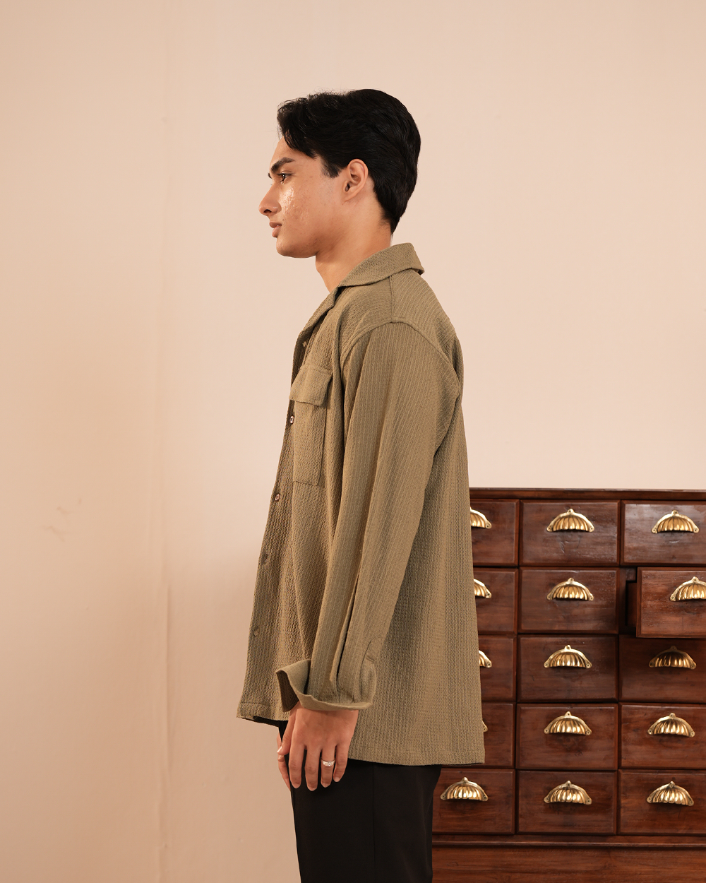 Merrin | Olive Textured Weave Full-Sleeve Shirt