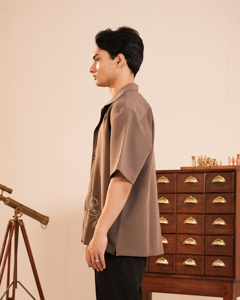 Callen | Taupe Embroidered Half-Sleeve Shirt