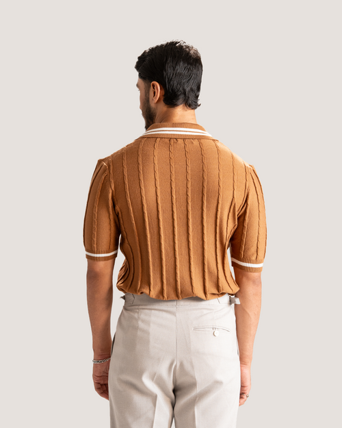 Salvo | Caramel Brown Cable Knit Polo Shirt