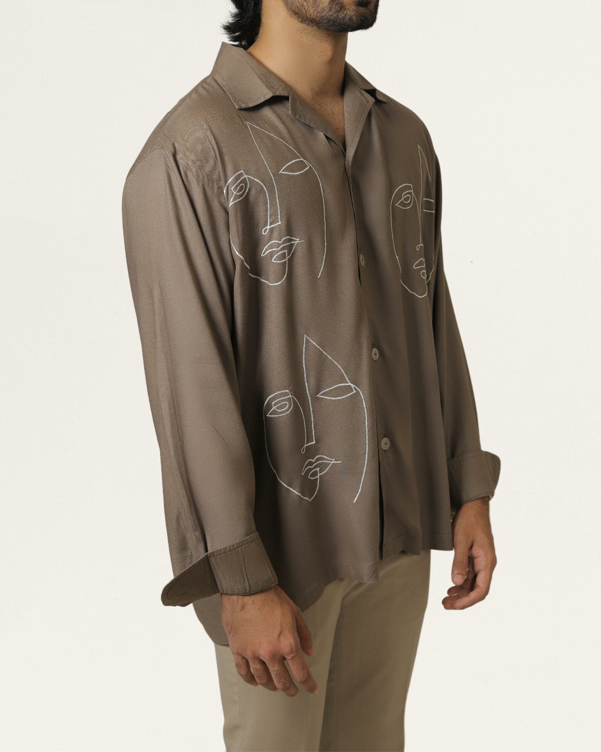 Tan | Embroidered Cuban Collar Cedar Shirt