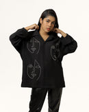 Nuez | Embroidered Cuban Collar Black Shirt