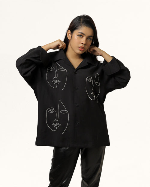 Nuez | Embroidered Cuban Collar Black Shirt