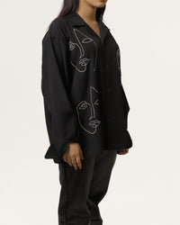 Nuez | Embroidered Cuban Collar Black Shirt