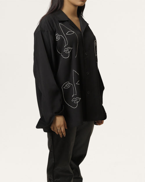Nuez | Embroidered Cuban Collar Black Shirt