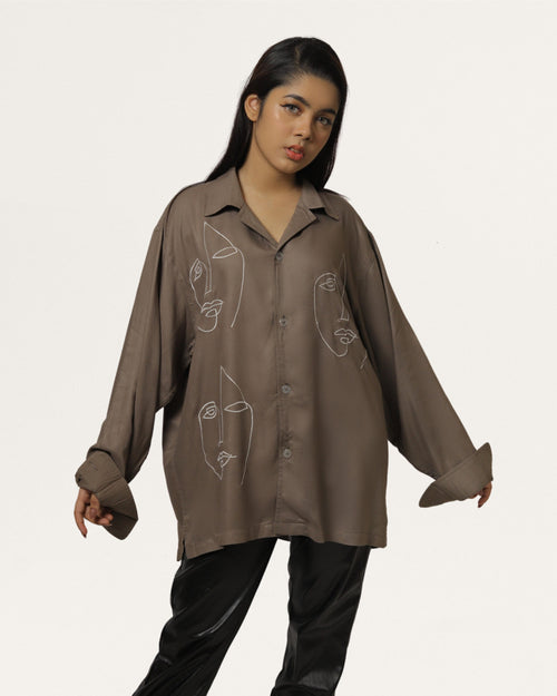 Tan | Embroidered Cuban Collar Cedar Shirt