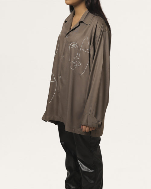 Tan | Embroidered Cuban Collar Cedar Shirt