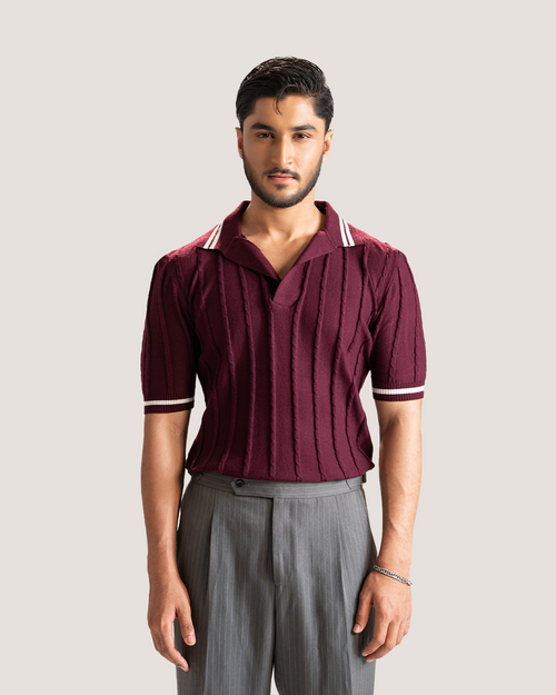 Lazaro | Burgundy Cable Knit Polo Shirt