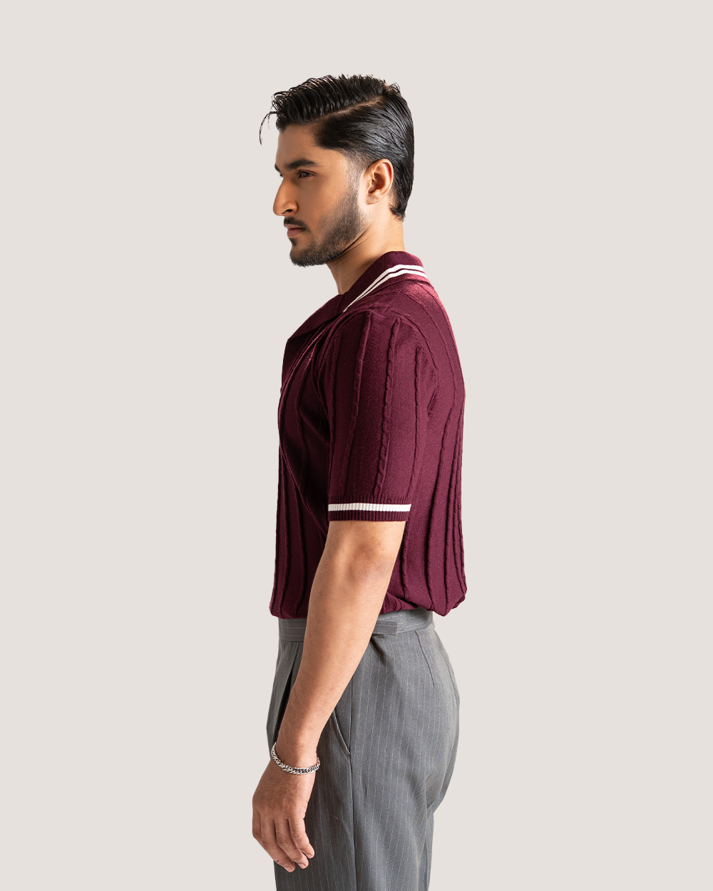 Lazaro | Burgundy Cable Knit Polo Shirt