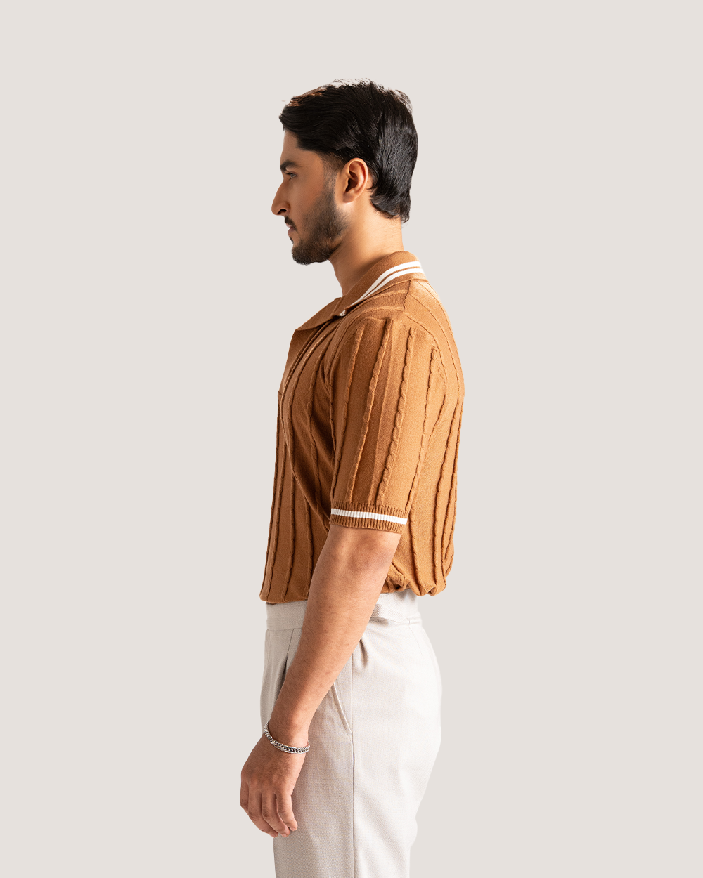 Salvo | Caramel Brown Cable Knit Polo Shirt
