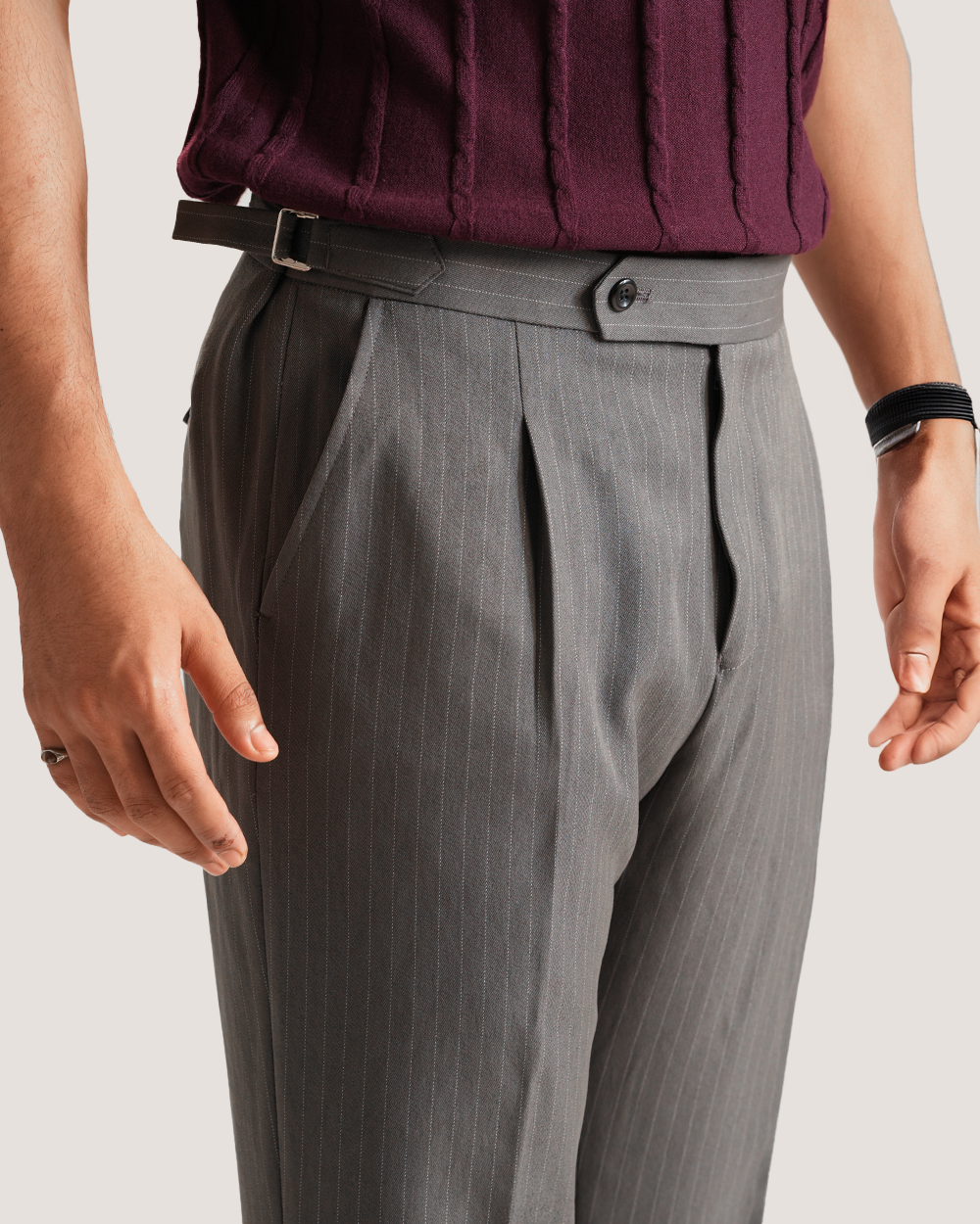 Dren | Charcoal Grey Pinstripes Flared Pants with Side Adjusters