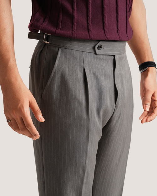 Dren | Charcoal Grey Pinstripes Flared Pants with Side Adjusters